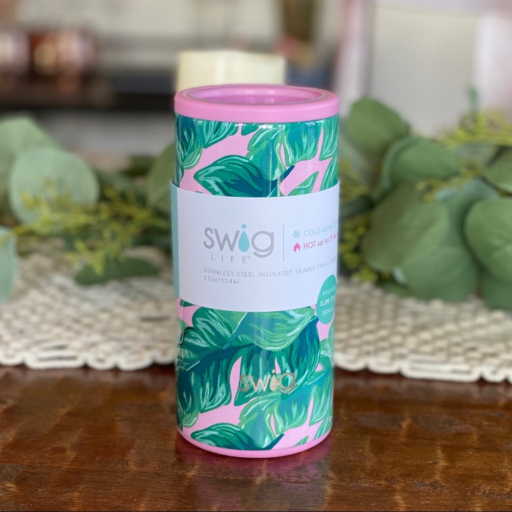 Swig Palm Print 12oz Skinny Can Cooler